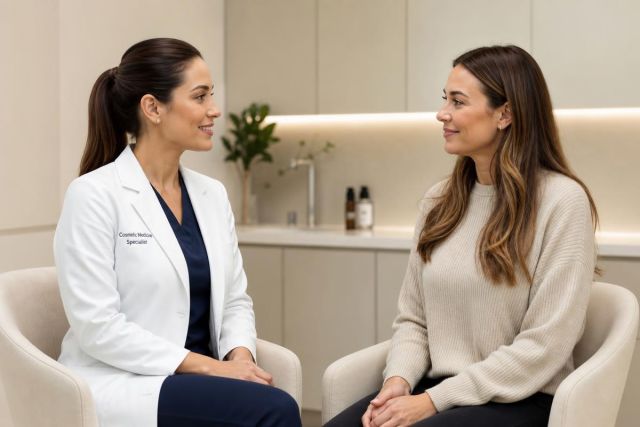 Doctor and patient discussing cosmetic consultation in a calm clinical office, seated face-to-face.