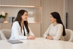 Doctor and patient calmly discussing cosmetic procedure consultation in a modern clinic.
