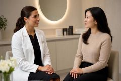 Doctor in white coat consulting a patient in a calm clinic consultation room.