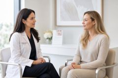 Doctor in white coat consulting a patient in a calm cosmetic clinic consultation room.