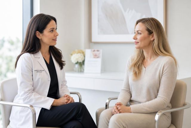 Doctor in white coat consulting a patient in a calm cosmetic clinic consultation room.