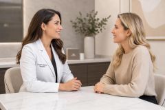 Cosmetic medicine specialist consulting a smiling patient across a clean, professional clinic desk.
