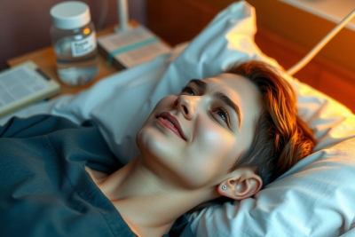 Image of a person lying in a hospital bed. The individual is looking up and seems to be focused or contemplative. The room has an ambient lighting, suggesting a calm atmosphere.
