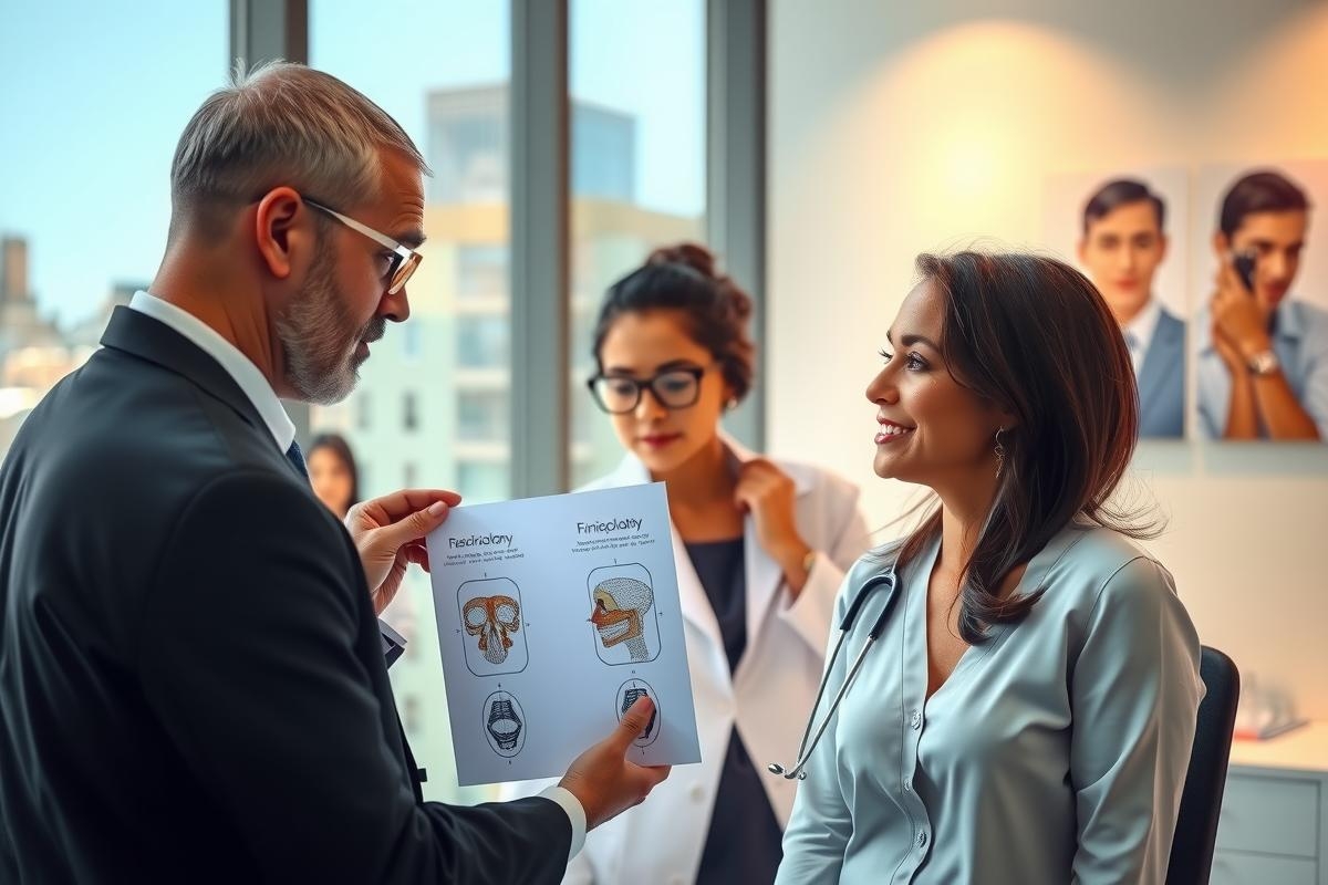 The image shows a professional setting where a man is presenting information to three women. The man is holding up papers or a book while standing and appears to be explaining something, likely related to medical procedures or treatments. The women are attentively listening and one of them is smiling, suggesting a positive interaction. The environment looks like an office with modern furniture and large windows, providing natural light to the room.