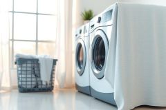 Modern laundry room featuring a white washing machine and basket of towels. Bright, clean space with natural light from a window. Focus on appliances and home organization.