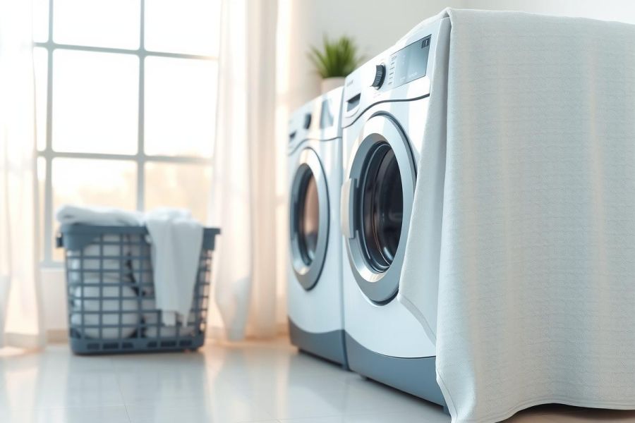 Modern laundry room featuring a white washing machine and basket of towels. Bright, clean space with natural light from a window. Focus on appliances and home organization.