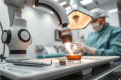 Close-up of a medical lab scene. A scientist in protective gear examines a sample in a vial. Sterile environment, lab equipment visible. Focus on scientific research and analysis.
