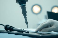 Close-up of a surgical procedure involving a micro instrument held by a gloved hand. The scene is set in an operating room with sterile equipment and bright overhead lighting, highlighting precision and medical technology.