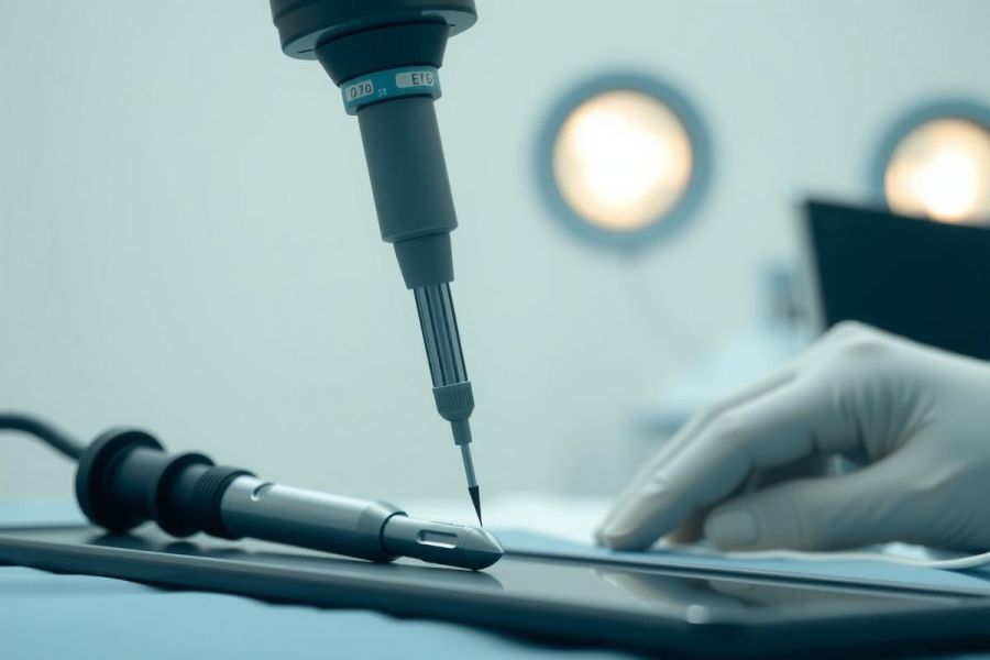 Close-up of a surgical procedure involving a micro instrument held by a gloved hand. The scene is set in an operating room with sterile equipment and bright overhead lighting, highlighting precision and medical technology.