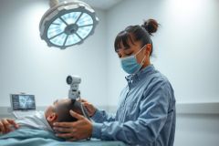 Medical professional wearing a mask performs a procedure on a patient in a bright, modern operating room. Close-up view of surgical instruments and focused attention on the patient.