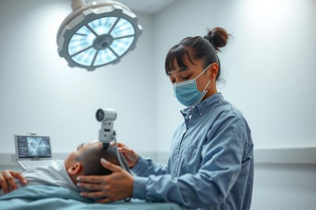 Medical professional wearing a mask performs a procedure on a patient in a bright, modern operating room. Close-up view of surgical instruments and focused attention on the patient.