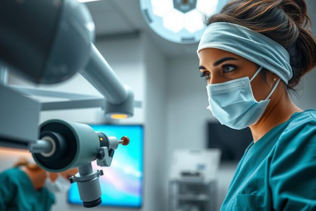 Surgical team in an operating room. A female surgeon wearing a mask and surgical cap is focused during a procedure. The scene features medical equipment and a sterile environment. Blue and green tones dominate.