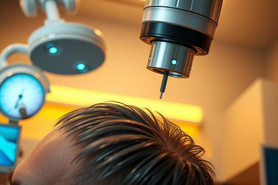 Close-up of a medical procedure, likely an injection, with a needle near a person's head. Bright lights and medical equipment are visible in the background, suggesting a clinical setting. Focus on precision and healthcare.
