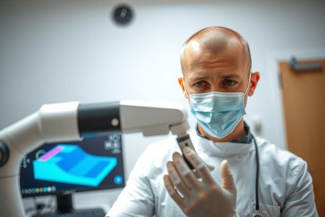 Dentist in scrubs and mask examines a patient with a dental probe. The scene is a modern dental office with advanced equipment. Bright, clinical environment.