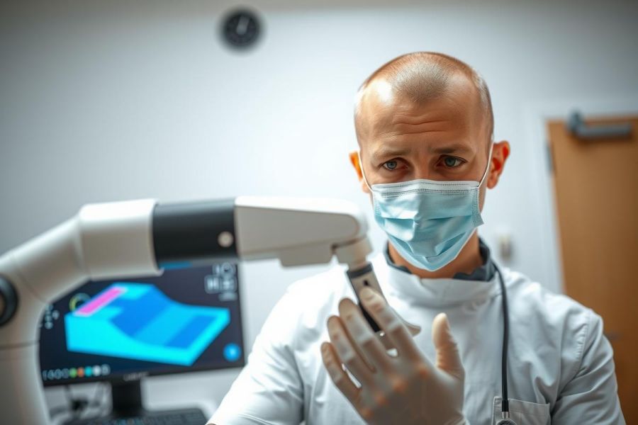 Dentist in scrubs and mask examines a patient with a dental probe. The scene is a modern dental office with advanced equipment. Bright, clinical environment.