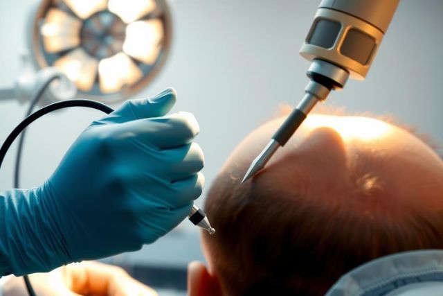 Close-up of a surgical procedure with a doctor wearing blue gloves operating on a patient's head. Sterile environment, bright lighting, medical tools visible. Focus on precision and medical expertise.