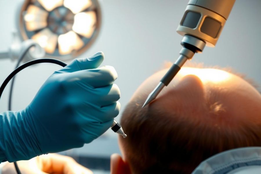 Close-up of a surgical procedure with a doctor wearing blue gloves operating on a patient's head. Sterile environment, bright lighting, medical tools visible. Focus on precision and medical expertise.