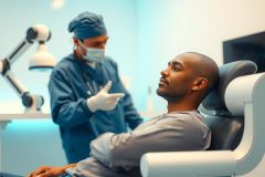 Doctor in scrubs and mask examining a patient in a modern dental office. Blue lighting highlights the scene; focus on patient interaction and medical examination.