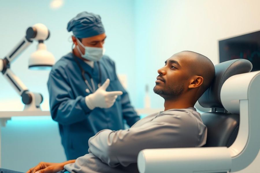 Doctor in scrubs and mask examining a patient in a modern dental office. Blue lighting highlights the scene; focus on patient interaction and medical examination.