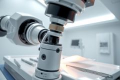 Close-up of a machine with a patient table in a medical facility. The image features bright lighting and a focus on the technology used for diagnostic imaging. Clean, sterile environment.