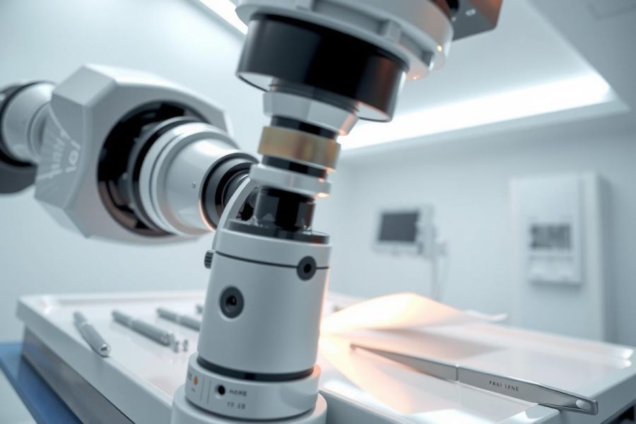 Close-up of a machine with a patient table in a medical facility. The image features bright lighting and a focus on the technology used for diagnostic imaging. Clean, sterile environment.