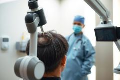 Medical examination: A doctor in scrubs and mask examines a patient, view from behind. Healthcare setting, bright lighting, blue and white tones. Focus on patient care and medical procedure.