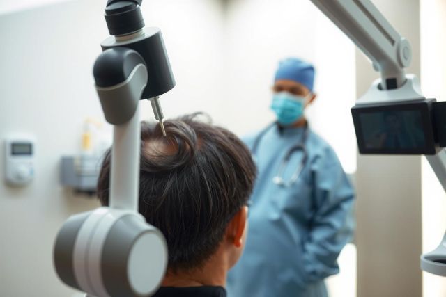 Medical examination: A doctor in scrubs and mask examines a patient, view from behind. Healthcare setting, bright lighting, blue and white tones. Focus on patient care and medical procedure.