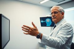Doctor in a lab coat gestures while standing in a modern, white room with a screen displaying a brain image. Focus on healthcare, technology, and medical research.
