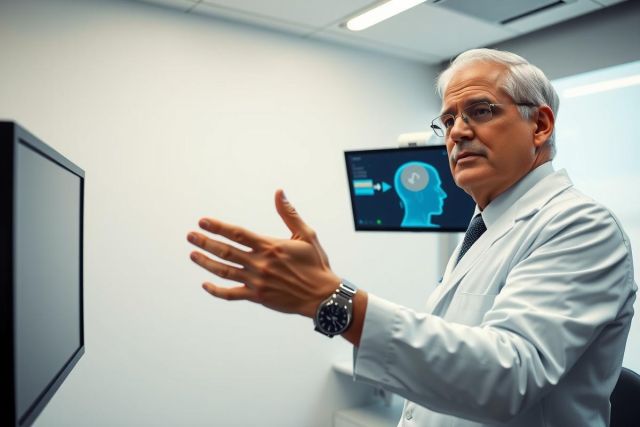 Doctor in a lab coat gestures while standing in a modern, white room with a screen displaying a brain image. Focus on healthcare, technology, and medical research.