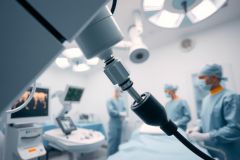Surgical procedure in operation room. Medical instruments, surgical tools, and healthcare professionals visible. Blue and white color scheme, highlighting a sterile environment.