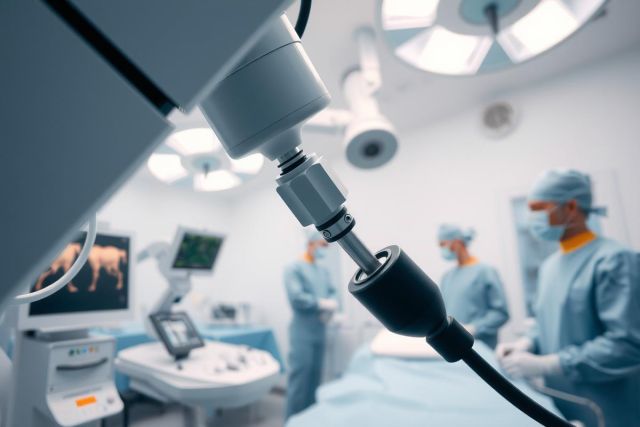 Surgical procedure in operation room. Medical instruments, surgical tools, and healthcare professionals visible. Blue and white color scheme, highlighting a sterile environment.