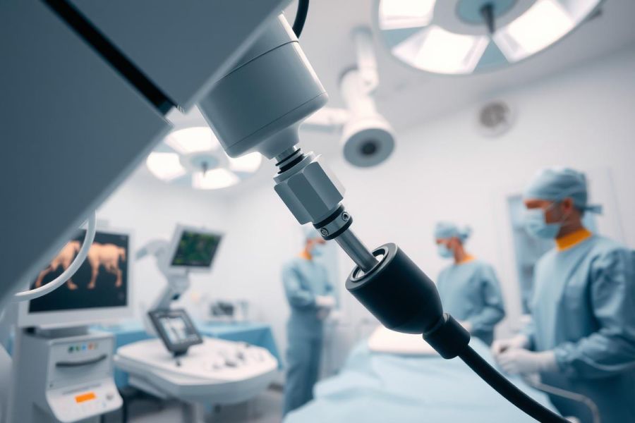 Surgical procedure in operation room. Medical instruments, surgical tools, and healthcare professionals visible. Blue and white color scheme, highlighting a sterile environment.