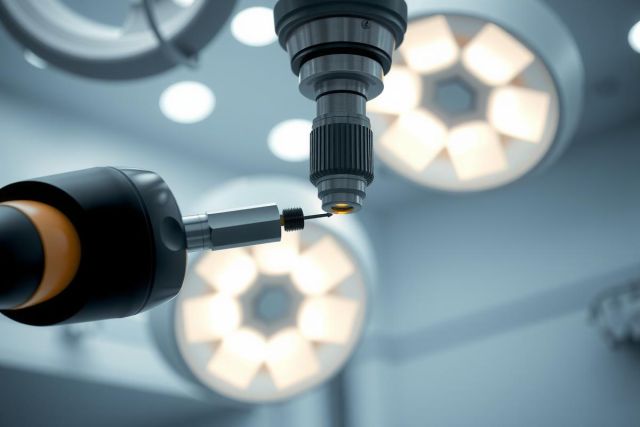 Close-up of a surgical instrument, likely a trocar, with bright overhead operating room lights blurred in the background. Focus on precision and medical procedure context.