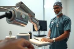 Doctor in scrubs examines a patient in a medical setting. Focus is on surgical tools and equipment. Teal, white, and gray color palette. Healthcare professional, examination, clinic.