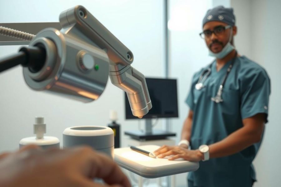Doctor in scrubs examines a patient in a medical setting. Focus is on surgical tools and equipment. Teal, white, and gray color palette. Healthcare professional, examination, clinic.