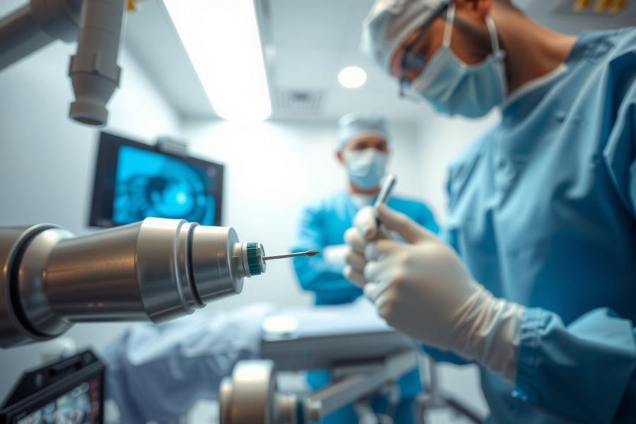Surgical procedure in progress. A surgeon in blue scrubs and gloves operates with specialized instruments in a modern operating room. Close-up view of a surgical tool and a monitor displaying a medical image.