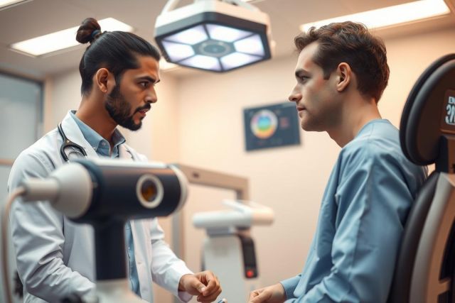 Doctor examining a patient in a medical office. Healthcare professional in a white coat interacting with a man seated in a chair. Clinical setting with medical equipment visible.