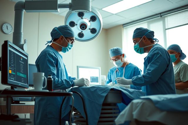 The image depicts a group of surgeons in an operating room, preparing for surgery. They are wearing medical attire and face masks to maintain sterility. In the background, there's medical equipment such as monitors and surgical lights.