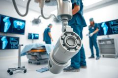 Surgical equipment in an operating room. Close-up of a medical device with doctors and monitors visible in the background. Focus on precision and healthcare technology.