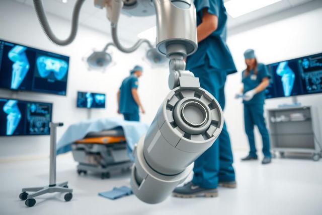 Surgical equipment in an operating room. Close-up of a medical device with doctors and monitors visible in the background. Focus on precision and healthcare technology.