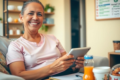 Woman sitting on a couch, smiling and looking at her tablet. She's wearing casual attire and appears to be in a comfortable indoor setting with a coffee table nearby.