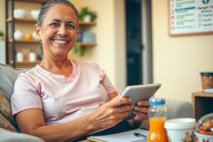 Woman sitting on a couch, smiling and looking at her tablet. She's wearing casual attire and appears to be in a comfortable indoor setting with a coffee table nearby.