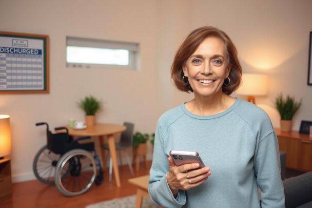 The image features a woman sitting in an office environment, holding a smartphone. She is smiling at the camera, suggesting a positive interaction or message on her phone.