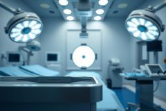 Surgical operating room with blue lighting, medical equipment, and sterile environment. Focus on the instruments and preparation for a procedure.