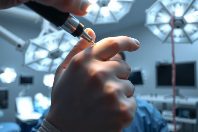 Close-up of a surgical procedure in an operating room. A surgeon's hand holds an instrument, highlighting the sterile environment and medical technology. Blue lighting and focused attention create a clinical atmosphere.