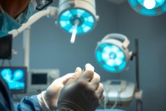 Surgical scene with gloved hands performing a procedure under bright blue surgical lights. Focus on precision and sterile environment in an operating room setting.