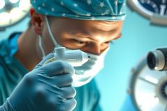 Surgeon wearing protective gear and holding a syringe in a sterile operating room. Blue scrubs and gloves are visible with medical equipment in the background. Focus on precision and healthcare.