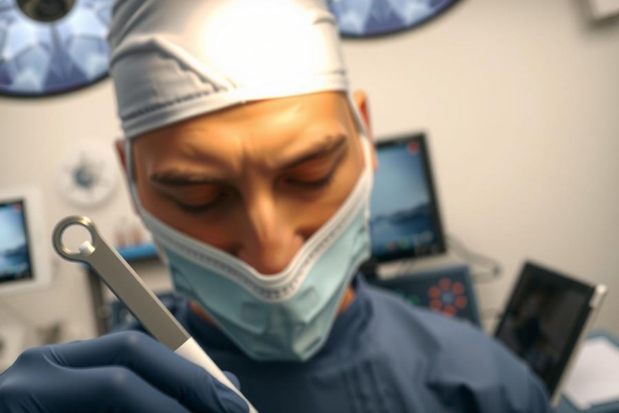 Surgeon wearing a mask and surgical gown, holding an instrument in an operating room setting. Focus on medical procedure and healthcare environment. Blue and white colors dominate the scene.