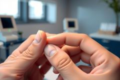 Close-up of hands examining a small, round object. The background shows a blurred lab environment with equipment. Focus on detail and precision in a scientific setting.