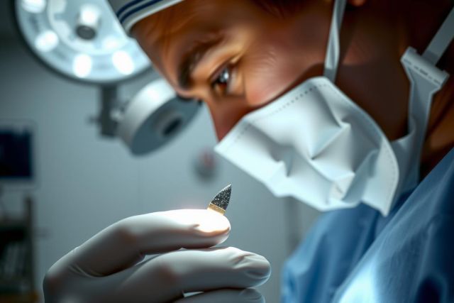 Close-up of a medical professional in scrubs and gloves examining a tooth sample under bright surgical lighting. Focus on dental care and diagnostics in a clinical setting.